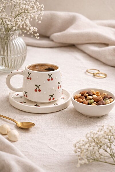 LEBLANC BOUTIQUE Kiraz Desenli Altlıklı ve Çerezlikli Handmade Seramik Kahve ...