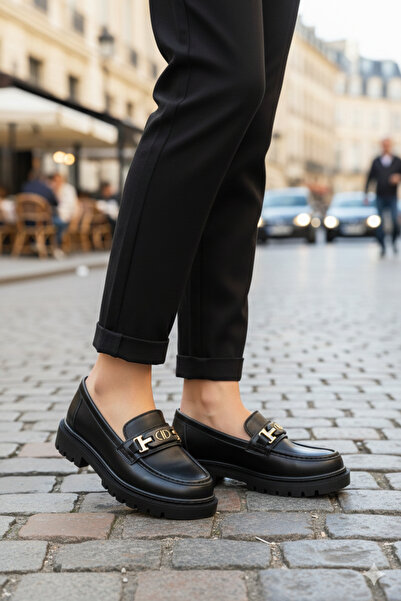 Deniz Terlik Loafer pentru femei, din piele neagră, cu cataramă, cu talpă con...