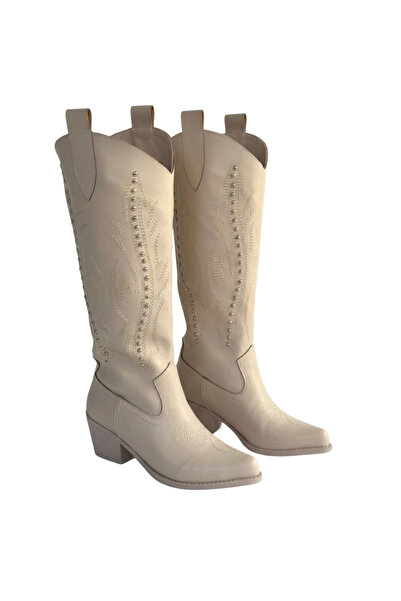 Barinoska Kadın Western Kovboy Çizme Nakışlı ve Zımba Detaylı Diz Altı Cilt D...