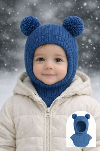 Minytrendy Kız Erkek Bebek Çocuk Omuzlu Triko Balaklava Bere Kar Maskesi Ponp...