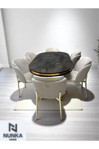 NUNKA HOME Arya Gold Line Serisi Krem Renk +6 Sandalyeli Mdf Lak Panel İroni ...