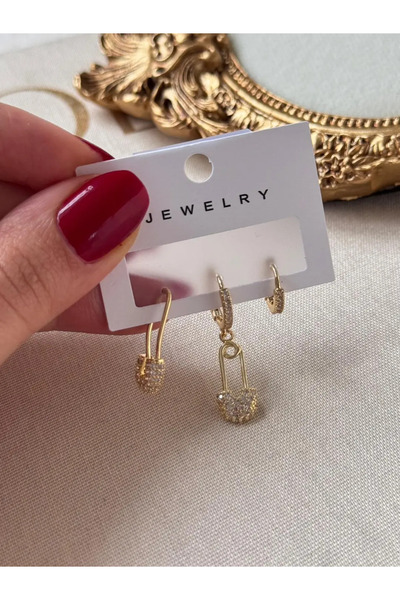 LEROSY CO. Zirkon Taşlı Kilit Detaylı 3’lü Gold Kaplama Paslanmaz Çelik Küpe ...