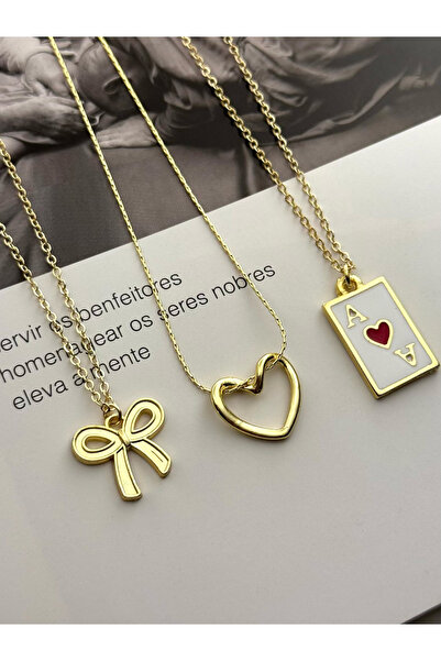 roshel مجموعة من 3 قلادات ذهبية اللون على شكل قلب وفيونكة هدية لعيد الحب وعيد...