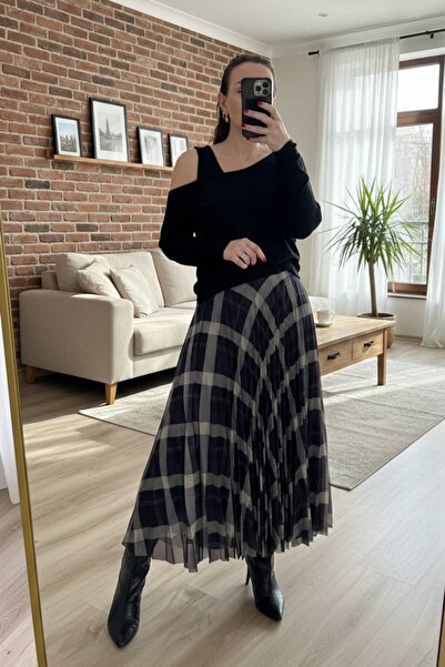 lady special Ekose Detaylı Pliseli İkili Elbise