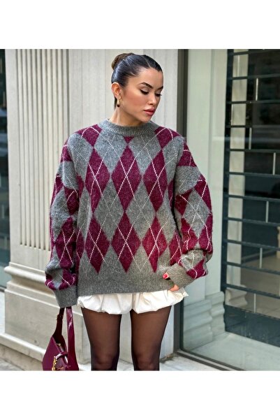 rushana Women's Crew Neck Argyle Pattern Bearded Knitwear Sweater