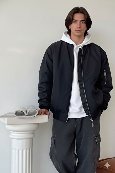 Cool mans Oversize Erkek Siyah Bomber Ceket - Su İtici Kumaş Mevsimlik Pilot ...