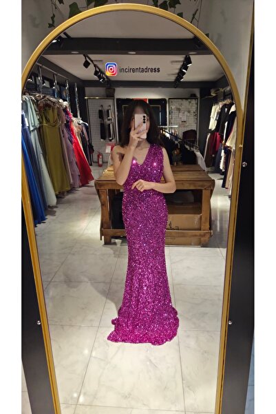 İnci Abiye Fuşya Tek Omuz Pul Payet Abiye