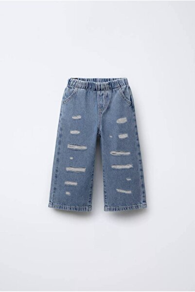 WOWMOMKIDS Unisex Çocuk Yırtık Detaylı Jean Pantolon - Sokak Stili Mavi Denim...