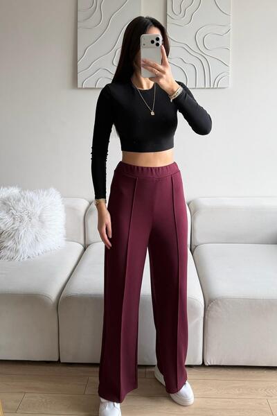 Behind Look High Waist Relaxed Fit Ribbed piped Modal Burgundy Wide Leg Women...