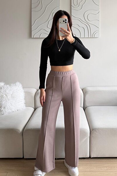 Behind Look High Waist Relaxed Fit Ribbed piped Modal Light Brown Wide Leg Wo...