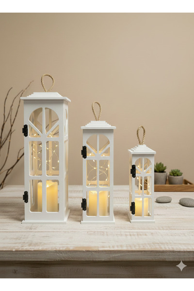 Liya Bella 3’lü Dekoratif Ahşap Fener Seti | Mumluk Fener Ev & Balkon Dekoras...