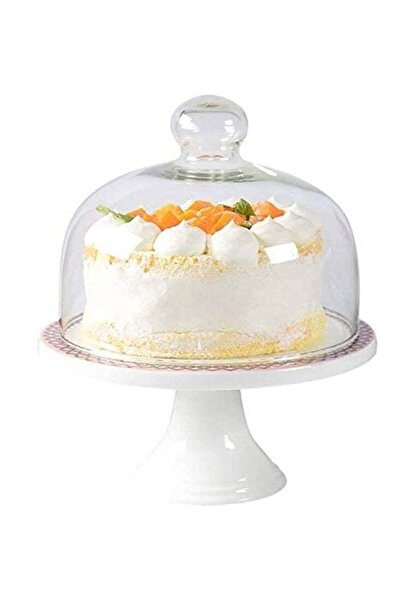 earss Elegant White Ceramic Cake Stand with Glass Dome Cloche Cover