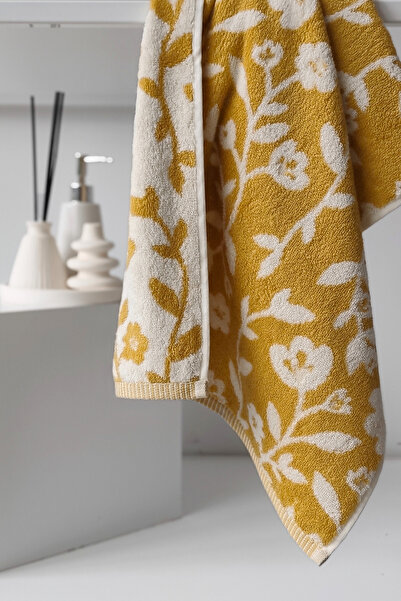 Sevim Floral Pattern Yarn Dyed Mustard Hand Face Towel - High Water Absorbent...