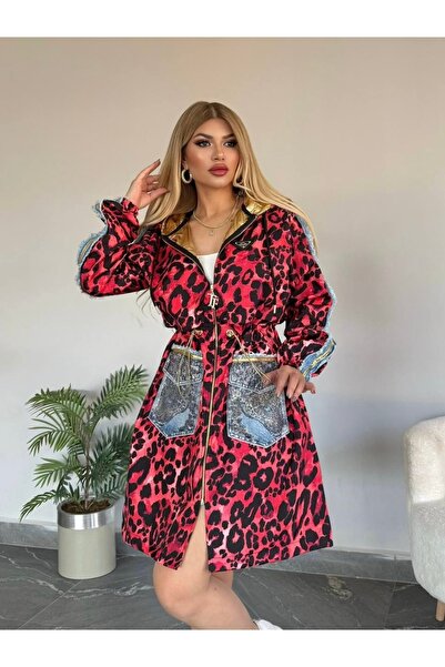 RED WOMAN FASHİON Hooded Leopard Pattern Raincoat with Zipper