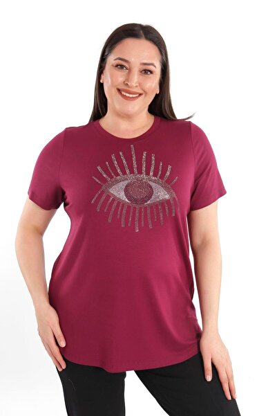 SERTUĞ Trend42Plus Eye Crystal Stone Short Sleeve Plus Size Viscose Burgundy ...