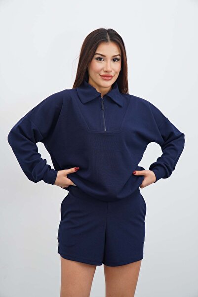 DI LORIA Set of 2 Women's Navy Blue Oversized Zippered Sweatshirt Shorts