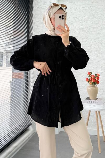 MELEK ARAZ Women's Shirt Tunic with Sequin Detail and Belt – Black