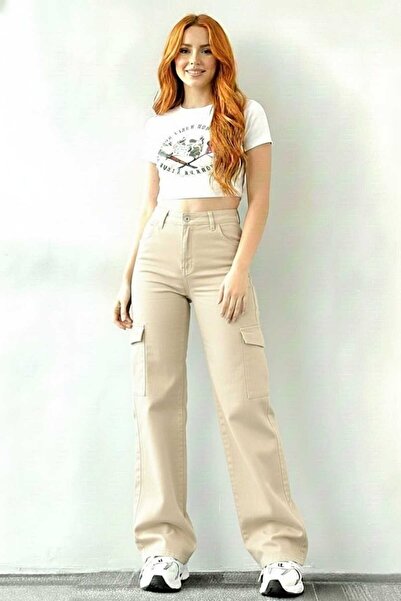 NWC Rowena Stretch Fabric Relaxed Cargo No Back Pocket Beige Super High Waist...