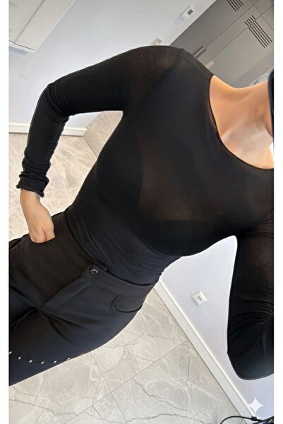 Linich&Co Boat Neck Long Sleeve Stretchy See-Through Blouse