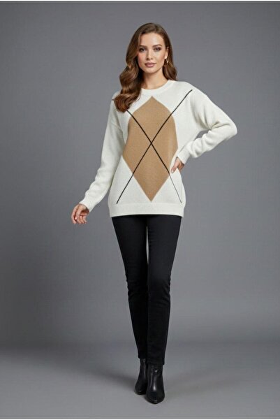 Cockatoo Women's Crew Neck Diamond Pattern Trendy Sweater Brown _Beige