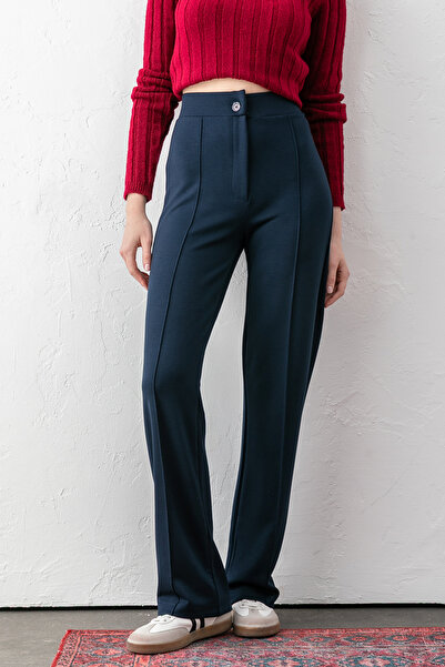 OLİZZA Women's Navy Blue Buttoned Modal High Waist Trousers |   Relaxed Fit, ...