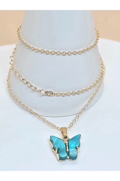 Veyla Style Turquoise Acrylic Stone Chain Necklace with Butterfly Figure