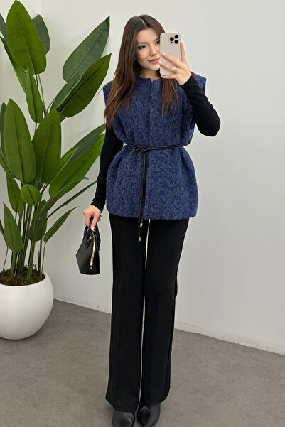 Bipantolon Women's Navy Blue Belted Cashmere Vest