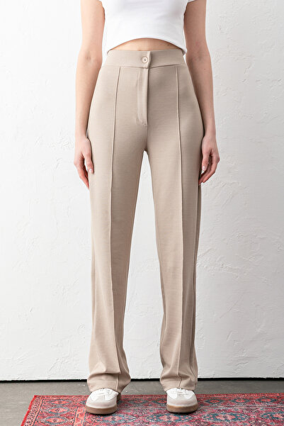 OLİZZA Women's Beige Buttoned Modal High Waist Trousers |   Relaxed Fit, Stre...