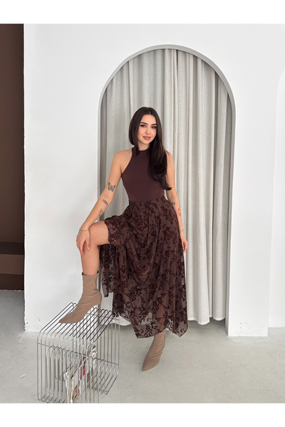 Winmoda34 Women's Elastic Waist Tulle Printed Skirt with Inner Lining Asymmet...