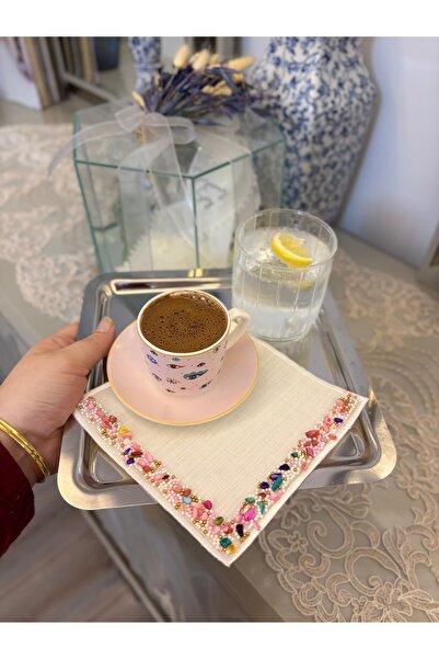 LUXURY 2 Adet renkli şerit taş işlemeli Kahve yanı sunum peçetesi