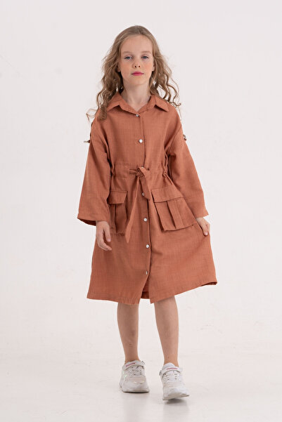 GİYİCEM TEKSTİL Girl's Linen Dress with Sleeve Bands 2968