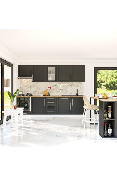 DEKOREX Pia Antrasit Serisi 285 Cm Aspiratör Ve Fırın Modüllü Meşe Tezgahlı H...