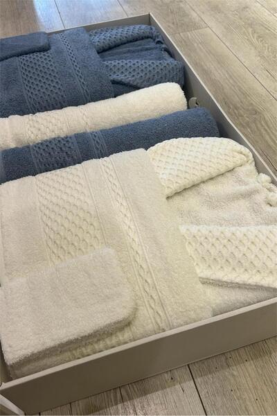 Bayev Minteks Vienna Blue - White 8 Piece Towel Bathrobe Set - Family Bathroo...