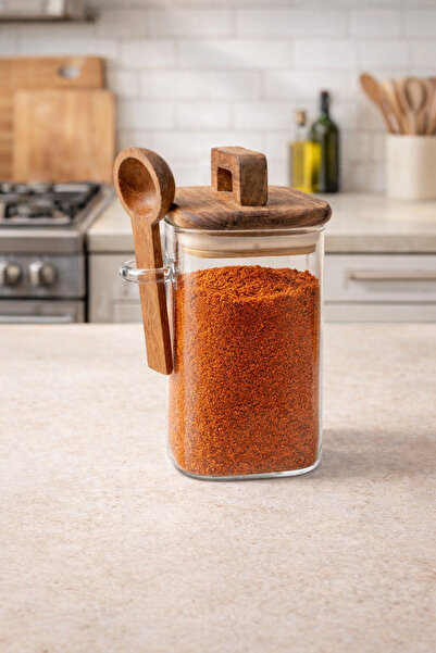 Kitchen Way Acacia Gasket Lid Borosilicate 300ml Square Jar with Spoon Kw-792