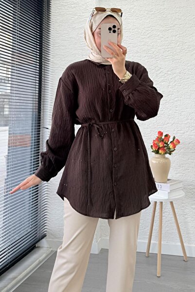 MELEK ARAZ Women's Shirt Tunic with Sequin Detail and Belt – Brown