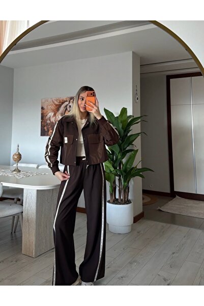 sinemkivanc co Set de pantaloni și jachetă maro cu design cu dungi și detaliu...