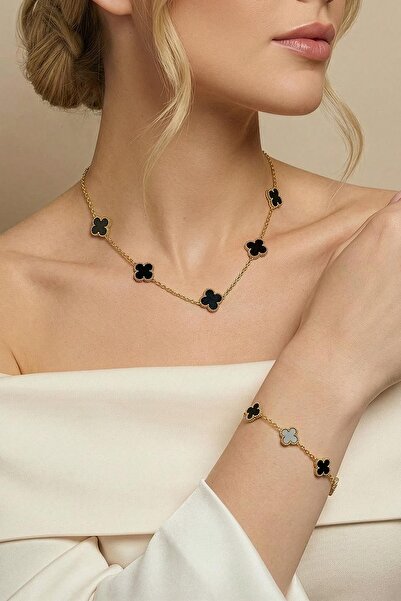 Rays Black Clover Figured Necklace Bracelet Set Gold 0133
