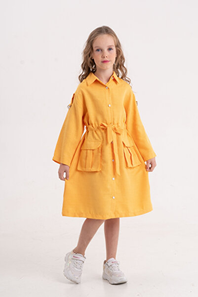 GİYİCEM TEKSTİL Girl's Linen Dress with Sleeve Bands 2968