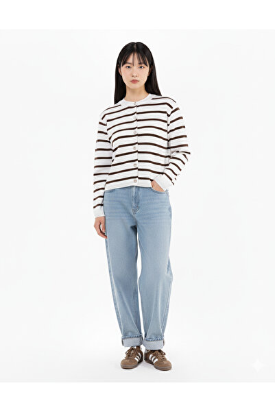 ilmek Women's Striped Button Detailed Cardigan Brown