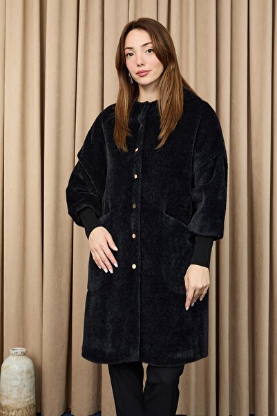 Puane Kadın Kapüşon Detaylı Çıtçıtlı Angora Kaban - 15232KBN - BLACK