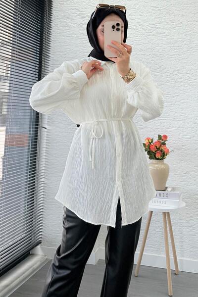 MELEK ARAZ Women's Shirt Tunic with Sequin Detail and Belt – White