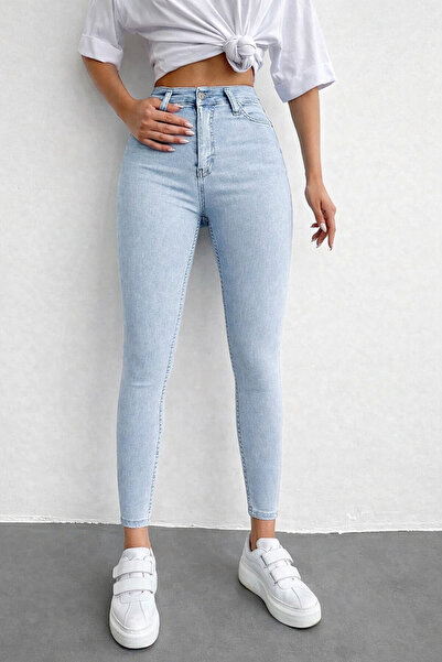 Lighter Jeans Kadın Yüksek Bel Kar Yıkama Açık Mavi Likralı Skinny Jeans