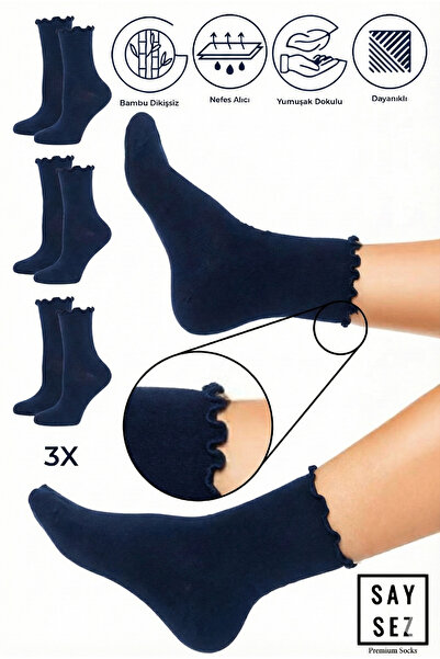 SAYSEZ Bamboo Women's Elasticless Navy Frilly Socks Stitch-Free Pack / Non-Ma...