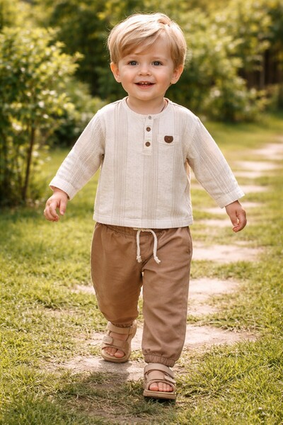 Babyhola Hakim Collared Pants Muslin Fabric Baby Boy Double Set