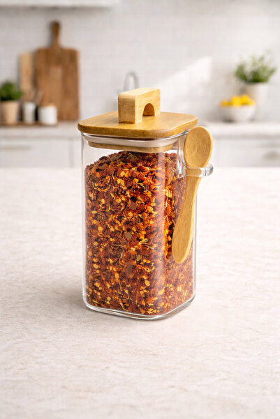 Kitchen Way Acacia Gasket Lid Borosilicate 300ml Square Jar with Spoon Kw-795