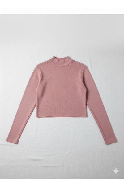 THEBEK Women's Half Turtleneck Ribbed Knit Stretch Fabric Fleece-Lined Ribbed Knit Openat Crop Blouse