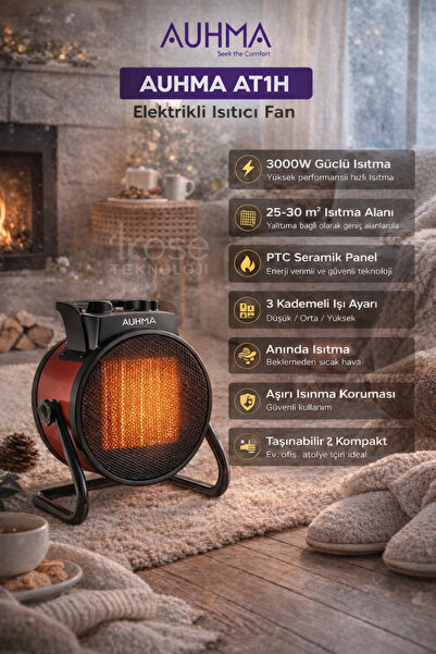 ROSE TEKNOLOJİ 3000W PTC PANELLİ 3 KADEMELİ ISI AYARLI ELEKTRİKLİ ISITICI FAN