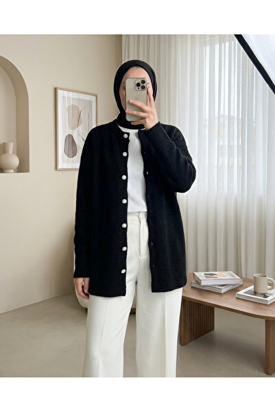 Modamorfo Stoned Buttoned Soft Casual Knitwear Cardigan - Black