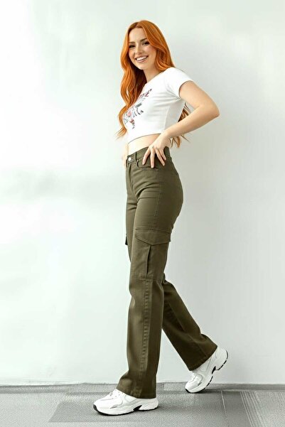 Trn JNS Maribel Likralı Salaş Kargo Arka Cepsiz Haki Süper Yüksek Bel Salaş P...