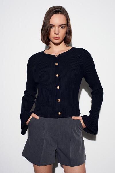 TENA Women's Black Crew Neck Spanish Sleeve Gold Button Cardigan